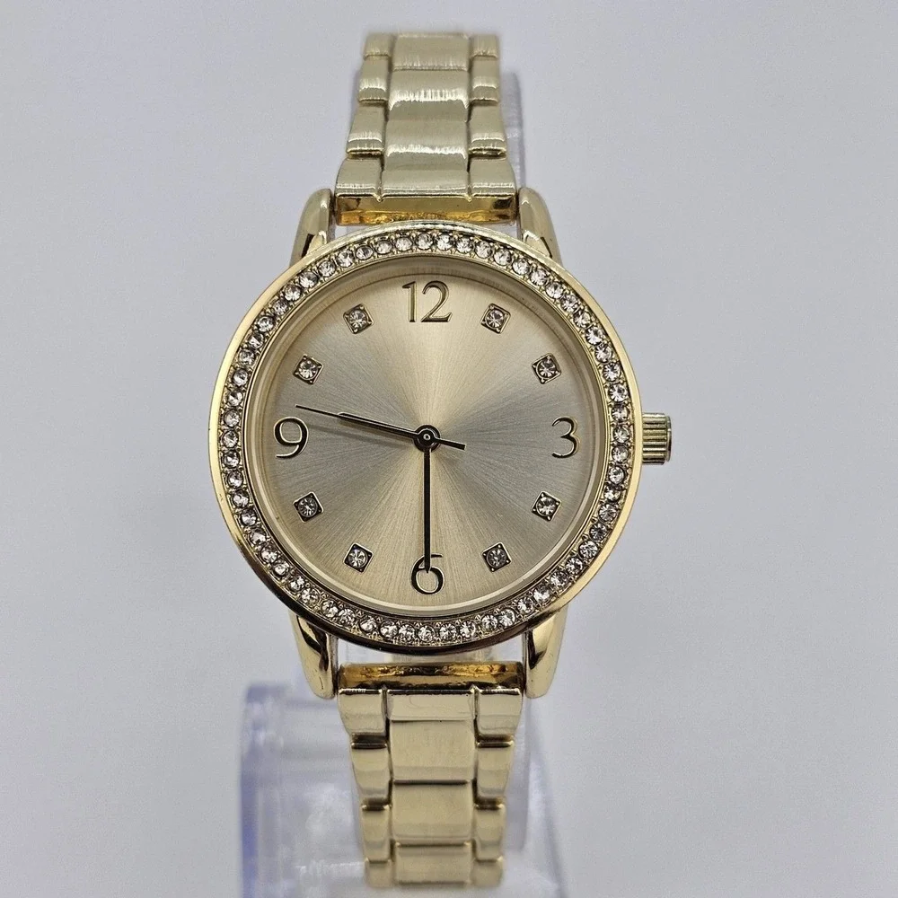 32MM Women's Watch Gold Dial Crystal Bezel Gold Bracelet Band New Battery‎